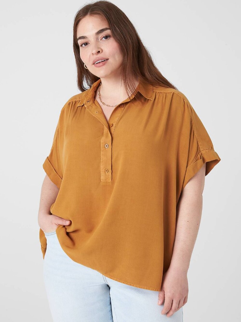 Lane Bryant Relaxed Short-Sleeve Button-Down Top Cathay Spice Plus Size 18